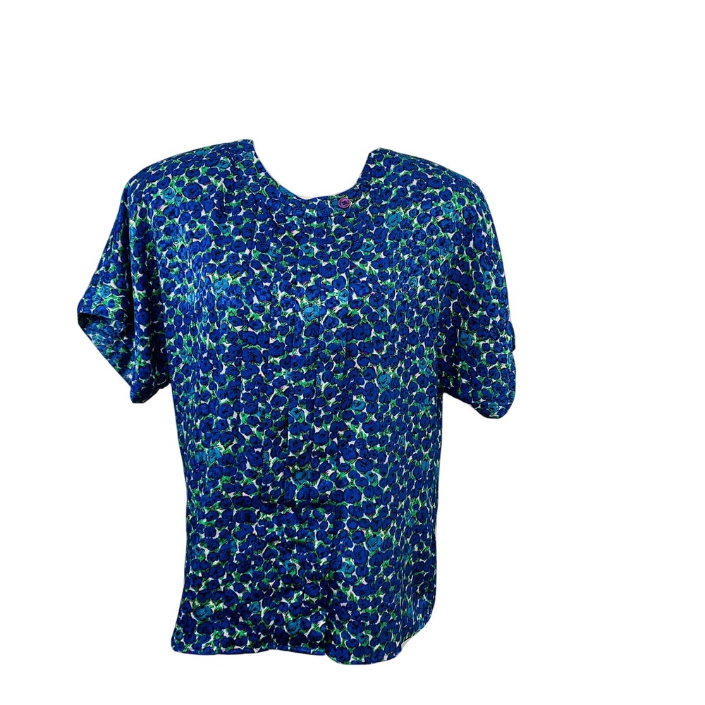 Vintage Argenti Woman's Blouse Top Blue Floral Size 12 Pleats Button Front